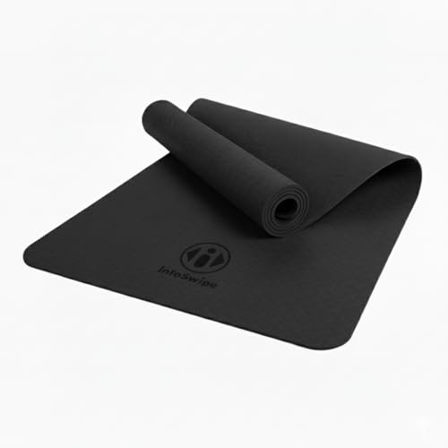 Premium TPE Yoga Mat 6mm Info Swipe – Eco-Friendly Non-Slip, Odor-Free, Lightweight & Durable | SGS Tested, REACH Compliant, GRS Certified | 72"x24" with Carrying Strap - color: Black