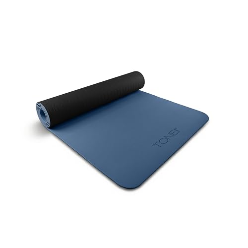 TONE Fitness Yoga Mat 1/4" Thick Non Slip Exercise & Pilates Mat for Home Workouts with Carrying Strap | Multiple Options - color: Black/Blue, style: V Pattern