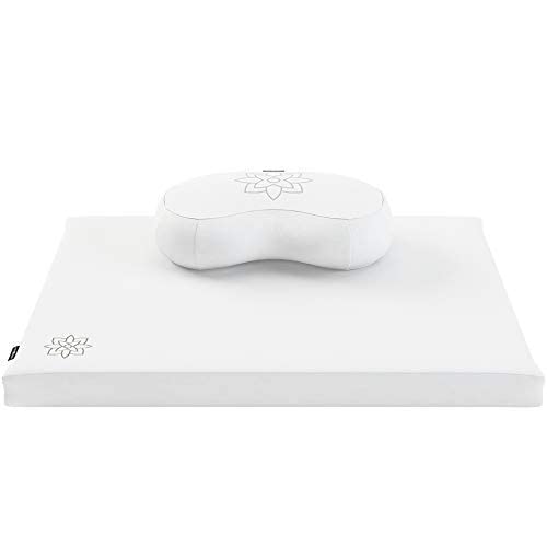 Mindful Modern Meditation Cushion & Zabuton Mat Bundle - 100% Cotton Meditation Cushion Set for Yoga - Buckwheat Crescent Shaped Zafu Floor Pillow Rectangular Mat - Classic White Color