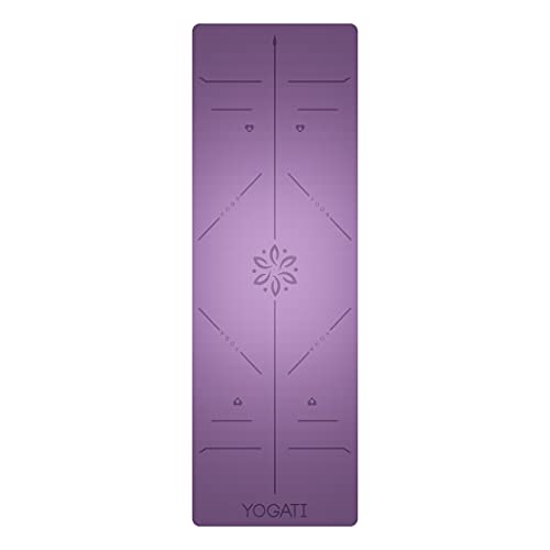 YOGATI® 정렬 라인이 있는 스트랩이 달린 요가 매트. 여성, 남성 및 아동용 홈 운동 매트. 필라테스와 피트니스를 위한 두꺼운 미끄럼 방지 요가 매트. 브라운, 핑크 및 퍼플 요가 매트 - color: 퍼플.