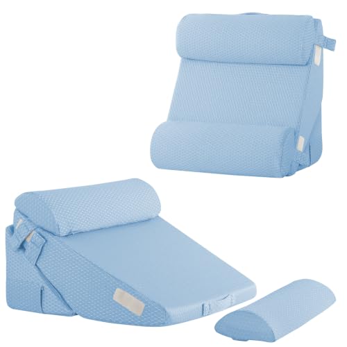 Bedluxe Adjustable 4pcs Bed Wedge Pillow Set, Memory Foam Wedges Pillow Post Surgery for Back, Neck, Leg Pain Relief, Pillows Wedge for Sleeping, Sitting up in Bed, Acid Reflux and GERD, Light Blue - color: Light Blue, size: Adjustable 9&12 Inch + 2 Head