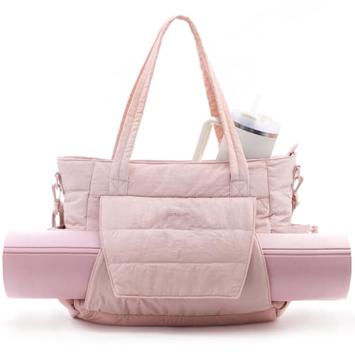 Yoga Tote Bag for Women with Yoga Mat Holder & Luggage Sleeve, Large Pilates Gym Bag with 16" Laptop Compartment, Lightweight Puffer Quilted Travel Tote with Water Bottle Pockets for Work - color: Pink, size: Regular