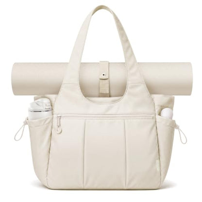 TOPEAST Foldable Tote Bag for Women with Yoga Mat Holder,Travel Tote Bag with Water Bottle Pocket,Lightweight Workout Gym Bag - color: Beige