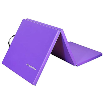 BalanceFrom 6x2 Feet 3-Panel Folding Gymnastics Mat – 1.5-Inch Thick Pad with Vinyl Surface and Carrying Handles for Tumbling, Yoga, Pilates, Home Workouts, and Martial Arts - color: Purple