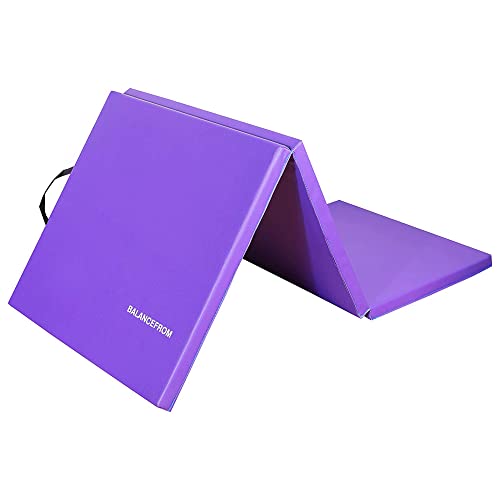 BalanceFrom 6x2 Feet 3-Panel Folding Gymnastics Mat – 1.5-Inch Thick Pad with Vinyl Surface and Carrying Handles for Tumbling, Yoga, Pilates, Home Workouts, and Martial Arts - color: Purple