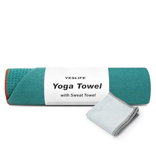 YESLIFE Non-Slip Yoga Towel, 72"x24", Cyan | Microfiber yoga mat towel, grip dots, sweat absorbent, hot yoga Pilates workout, includes sweat towel, Cyan - color: Cyan