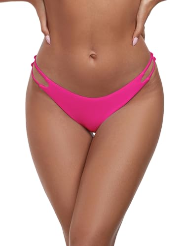 Colloyes Women's Low Waisted Bikini Bottoms Double Straps Cut-Out Cheeky - color: Neon Rose, size: Small