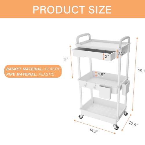 3 Tier Rolling Utility Cart with Drawer,REBECAT Utility Cart Made of Multifunctional Storage Organizer Tool for Kitchen,Bathroom,Living Room,Office(White) - color: White