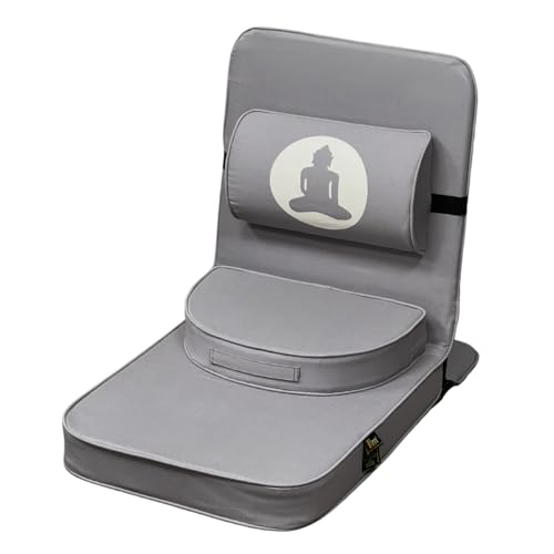 Friends Of Meditation Relaxing Buddha Meditation Chair | Detachable Rectangular Back Support & Zafu Cushion | Portable Folding Chair | with Back Support | Yoga Chairs for Adults | Grey - color: Grey