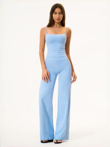 Womens Two Piece Workout Sets Spaghetti Straps Crop Top Matching Straight Leg Pants Gym Yoga Pilates Outfits - color: Blue, size: Large