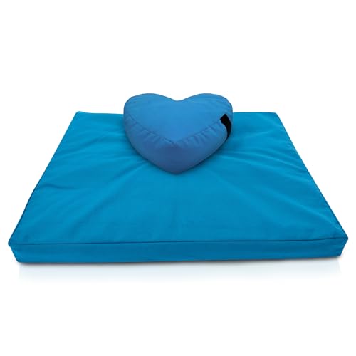 Bean Products Meditation Cushion Mat Set - Zafu Floor Pillow Organic Buckwheat Pillow + Cotton Filled Zabuton Prayer Pad - Meditation Pillow Yoga Knee Pad - Made in USA - 14" Round or 18" Oval - color: Aqua - 10oz Cotton Canvas, size: Heart Shaped Combo