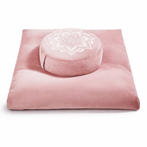 Meditation Cushion Set Zafu & Zabuton – Buckwheat Hull & Memory Foam, Adjustable Floor Pillow for Yoga, Meditation & Sitting, Removable Velvet Cover (Blush Pink) - color: Blush Pink