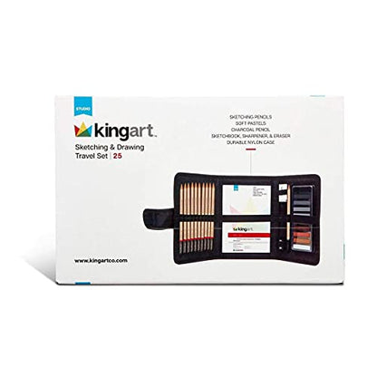 KINGART DRAWING & SKETCHING 25 pc. TRAVEL SET, Graphite, and Charcoal Pencils & Pastels plus Supplies, Art Drawing Kit for Adults, Teens, Beginner to Pro, Ideal for Shading, Blending, 25 pc.