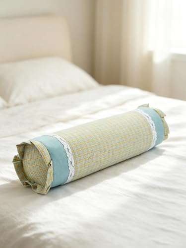 Buckwheat Neck Roll Pillow, Adjustable Bolster Cylinder Pillows with Plaid & Lace Trim Pillowcase, Firm Cervical Support Round Pillows Neck Pain Relief for Sleeping (16"x4",Blue) - color: Blue