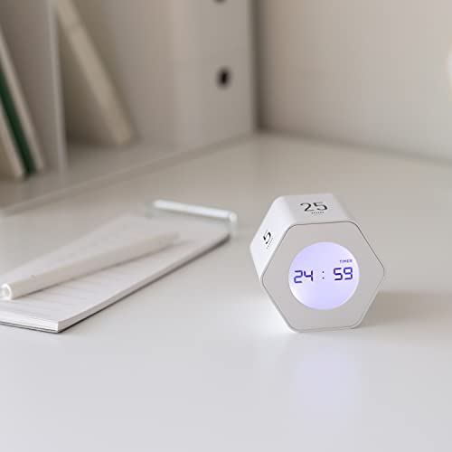 mooas Multi-Hexagon Clock Timer, Cube, Backlight, Countup/Down (White) | 6 Preset Times, Productivity Timer, 12/24H Clock, Battery Operated, Sound/Mute, Easy to Use, Exercise, Study, Cooking, Work - color: White, Mint, Yellow