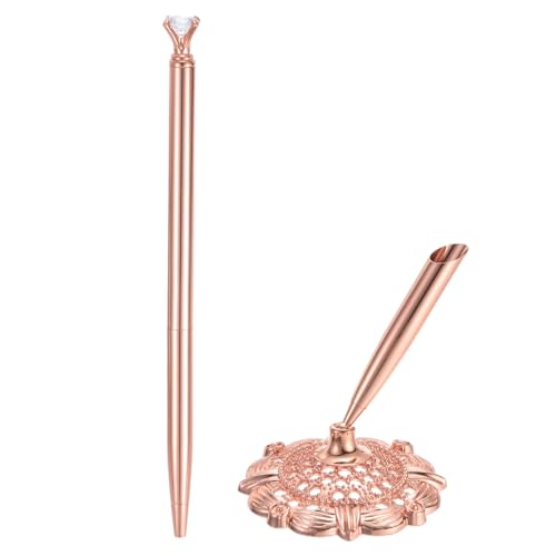 PATIKIL Hollow Round Pen Holder Signing Pen Set, Wedding Pen with Crystal Diamond and Pen Holder for Wedding Guests Book Engagement Opening Ceremony, Rose Gold - color: Rose Gold