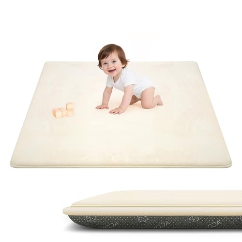 ACOMOPACK 1.3" Thick Baby Play Mat for Floor 50x50"-Memory Foam Water-Repellent Playpen Mat for Tummy Time,Non-Slip Soft Velvet Nursery Rug for Kids,Toddlers,Infants Crawling（Beige） - color: Beige, size: 50"×50"