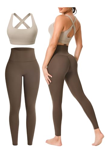 Workout Sets for Women 2 Pieces Seamless Yoga Legging Removable Bra Padding - color: Light Khaki / Khaki, size: Medium