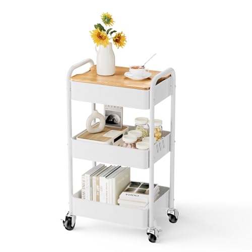 3-Tier Rolling Cart with Table Top, Metal Utility Cart on Wheels | Sturdy Storage Organizer Cart with Lockable Wheels&Hooks for Craft, Office, Classroom, Kitchen and Bathroom, WHite - color: White