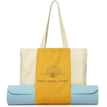 Large Canvas Yoga Tote Bag with Yoga Mats Bags Carrier - color: Beige & Mustard