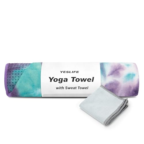 YESLIFE Non-Slip Yoga Towel, 72"x24", Purple | Microfiber yoga mat towel, grip dots, sweat absorbent, hot yoga Pilates workout, includes sweat towel, Purple - color: Green&purple