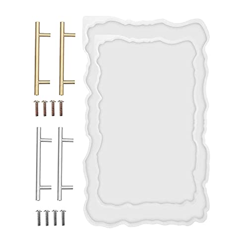 RESINWORLD Set of 2 Size 14‘‘ & 12'' XL Large Serving Tray Silicone Molds Epoxy Resin Geode Tray Mold with Gold & Silver Handles (Rectangle)