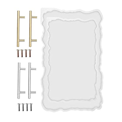 RESINWORLD Set of 2 Size 14‘‘ & 12'' XL Large Serving Tray Silicone Molds Epoxy Resin Geode Tray Mold with Gold & Silver Handles (Rectangle)