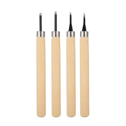 Stamp Carving Tools 4PCS Rubber Wood Carving Knife Tools | Rubber Carving Tools, Linocut Tools with Wooden Handle for Rubber Stamps 5.3 Inch Length