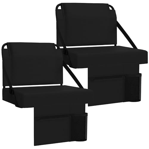 2pcs Stadium Seat for Bleachers with Back Support，Portable Bleacher Chairs with Back and Cushion，Includes Shoulder Strap and Cup Holder - color: Black,2 Pack