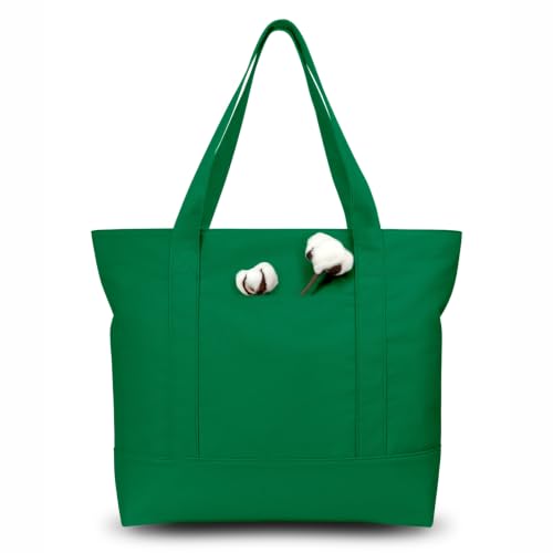 TOPDesign 1-Pack Canvas Tote Bag with an External Pocket, Reusable Grocery Shopping Bag, Top Zipper Closure, Daily Essentials (Green) - color: Green