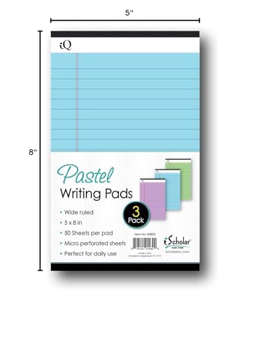 iScholar iQ Pastel Jr. Writing Pads, Wide Ruled, 5" x 8", 50 Sheets Per Pad, Asst. Pastel Colors, 3 Pack (85803) - size: 5" x 8"