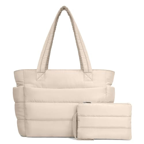 TOPDesign Puffer Tote Bag for Women, Lightweight Puffy Handbag with Compartments, Quilted Shoulder Bag for Work, Travel, Gym - color: Beige, size: Medium