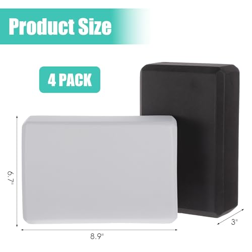 4 Pack Yoga Blocks, High Density EVA Foam Blocks for Strength, Flexibility and Balance, Non-Slip Surface for Yoga, Pilates, Meditation (8.9x6.7x3 Inches, 2 Black + 2 Gray)
