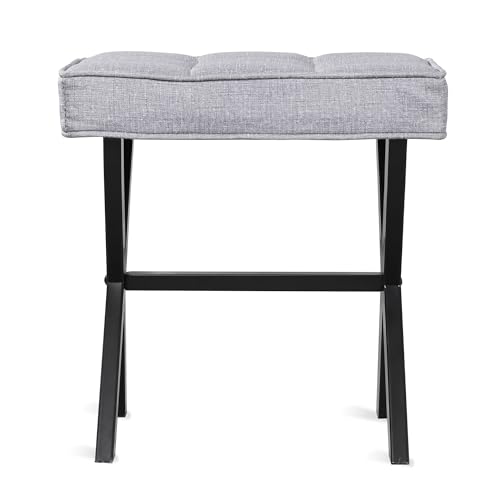 LUE BONA Vanity Stool - Square Linen Makeup Seat With Metal X Legs, Small Ottoman Chair for Makeup Room, Living Room, Bathroom - Modern Padded Foot Rest, Dark Gray - color: Dark Gray