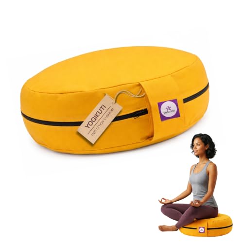 Yogikuti 100% Cotton Meditation Cushion (Round) with Handle | Firm & Comfortable Yoga Cushion | Removable Washable Cover | Floor Seating Support for Meditation, Yoga & Pranayama - color: Yellow