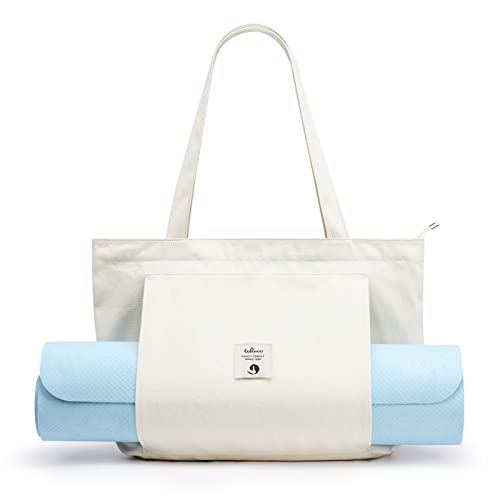 WLLWOO Yoga Mat Carrier Bag for Women Canvas Carryall Tote Gym Pilates | Large Holder Zipper Shoulder for Beach Travel Workout Fitness Office - color: Beige
