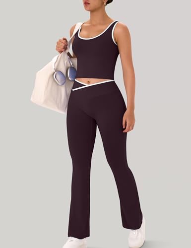 Womens Workout Sets 2 Piece Flare Leggings Contrast Top - color: Eggplant Purple, size: X-Small