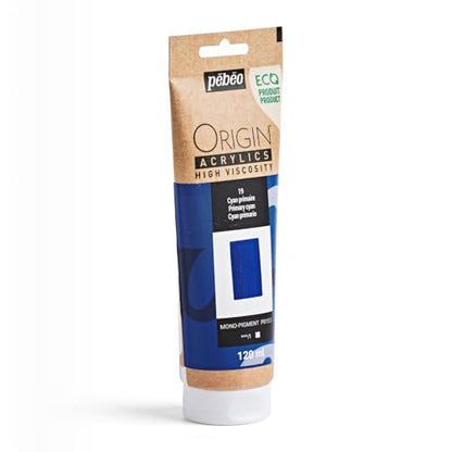 PEBEO Origin Acrylics 120ml Matte Acrylic Paint, Primary Cyan | Mixing-primary blue acrylic paint - matte, high viscosity, intense lightfast color, builds a full gamut, 100% recycled binder - color: Primary Cyan
