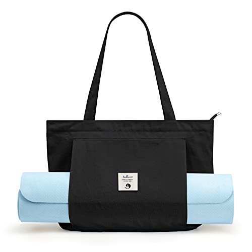 WLLWOO Yoga Mat Carrier Bag for Women Canvas Carryall Tote Gym Pilates | Large Holder Zipper Shoulder for Beach Travel Workout Fitness Office - color: black