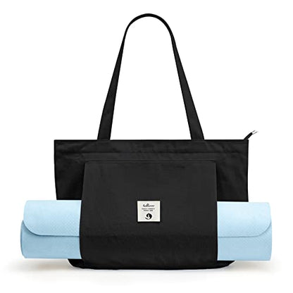 WLLWOO Yoga Mat Carrier Bag for Women Canvas Carryall Tote Gym Pilates | Large Holder Zipper Shoulder for Beach Travel Workout Fitness Office - color: black