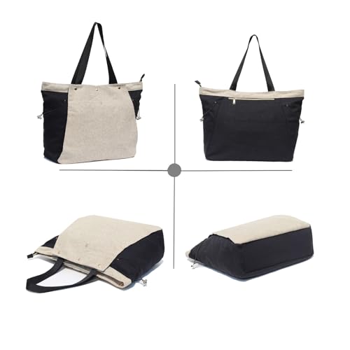 ESVAN Yoga Mat Bag, Gym Bag Tote Bag with Multi Pockets For Women Drawstring Yoga Mat Carrier Pilates Travel Workout Office - color: Linen Black Beige