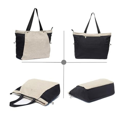 ESVAN Yoga Mat Bag, Gym Bag Tote Bag with Multi Pockets For Women Drawstring Yoga Mat Carrier Pilates Travel Workout Office - color: Linen Black Beige
