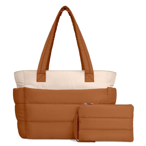TOPDesign Puffer Tote Bag for Women, Lightweight Puffy Handbag with Compartments, Quilted Shoulder Bag for Work, Travel, Gym - color: Brown/Beige, size: Large