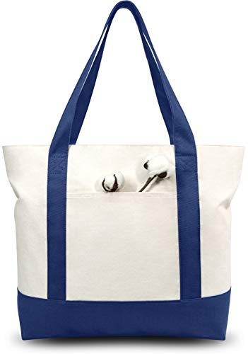 TOPDesign 1-Pack Canvas Tote Bag with an External Pocket, Reusable Grocery Shopping Bag, Top Zipper Closure, Daily Essentials (Blue/Natural) - color: Blue/Natural