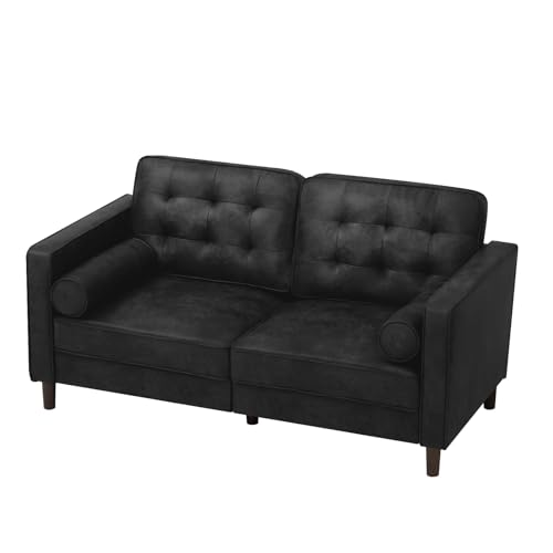 67" Suede Leather 2 Seater Sofa with Two Bolster Pillows, Black - color: Black, size: 67" Loveseat