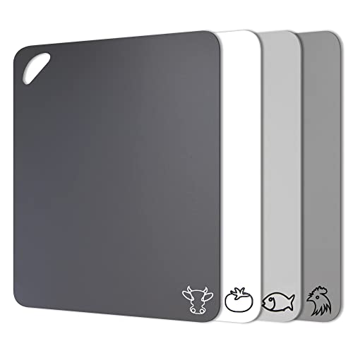Fotouzy Plastic Cutting Boards with Food Icons, Set of 4, Flexible Cutting Mats with Hole, BPA-Free, Non-Slip and Dishwasher Safe, Modern Neutral Colors - color: Gray