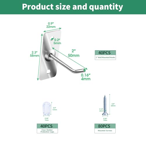 40 Pcs 2"/5CM Stainless Steel Wall Mounted Hooks with Protective Caps and Screws, Coat Bag Hat Utility Hook, Garage Tools Storage Organizer & Hanger for Office Kitchen Home Shop - size: 2" / 5cm