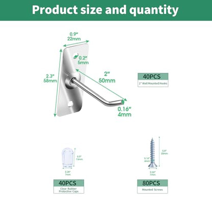 40 Pcs 2"/5CM Stainless Steel Wall Mounted Hooks with Protective Caps and Screws, Coat Bag Hat Utility Hook, Garage Tools Storage Organizer & Hanger for Office Kitchen Home Shop - size: 2" / 5cm