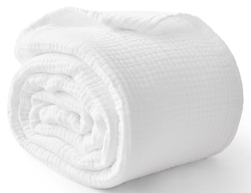100% Cotton Muslin Blanket Queen 90" x 90", 6 Layers Breathable and Lightweight Cotton Throw Blanket for Bed, Soft Quilt Bedspread Coverlet, Gauze Blanket for Adults All Season, White - color: 02 - White, size: Queen(90" X 90")