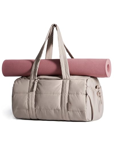BAGSMART Reiki Gym Bag for Women Puffy Yoga Mat Travel Weekender Duffle Bag | Lint-Resistant Lining, Wet-Dry Pocket & Anti-Slip Mat Loop, Ultra-Light, Roomy for Workout Gear, Water Bottle, Travel, Sports - color: 24L-Latte Brown, size: Large 24L